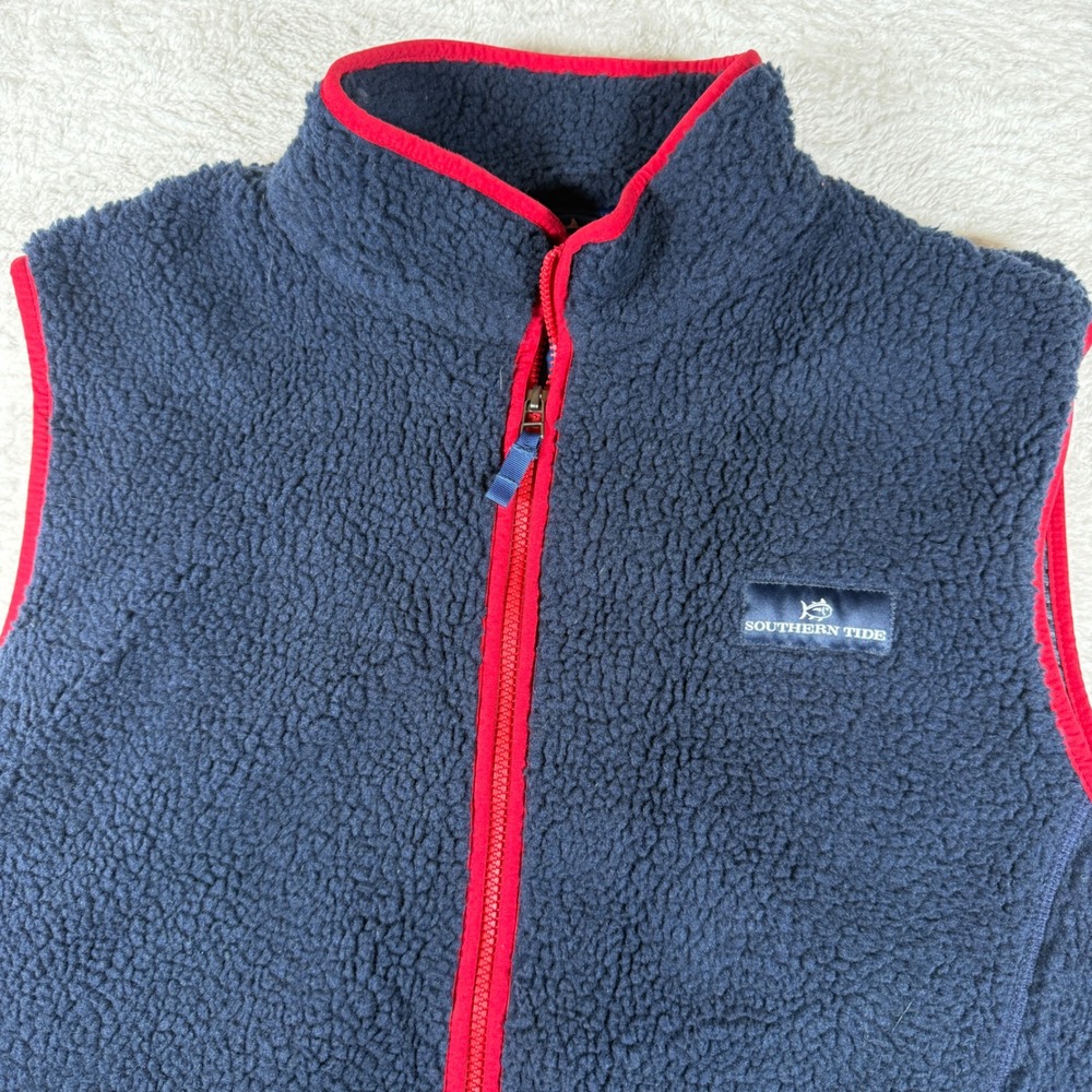 Southern Tide 15649 Mens XL Navy Blue Sherpa Pile Full Zip Fleece Vest Red Trim